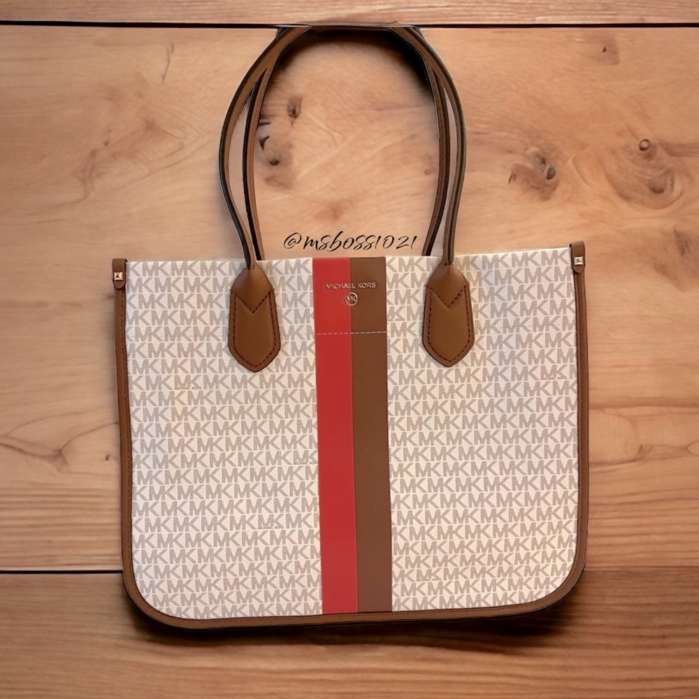 Michael Kors Center Stripe Hiedi Large Tote Dahlia Multi+Wallet - Picture 2 of 12